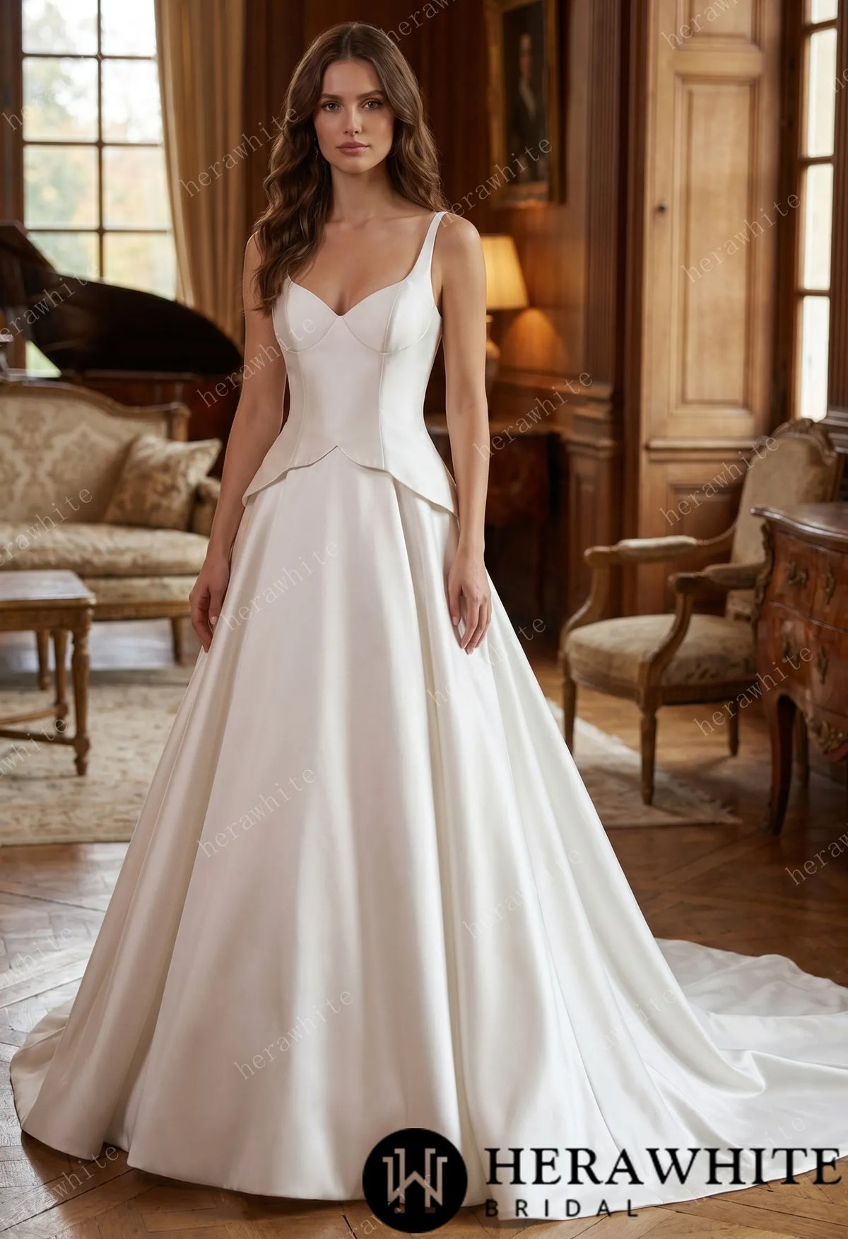 Mint Floral Jacquard A-Line Wedding Gown With V-Neckline & Peplum Waist Detail HW3743