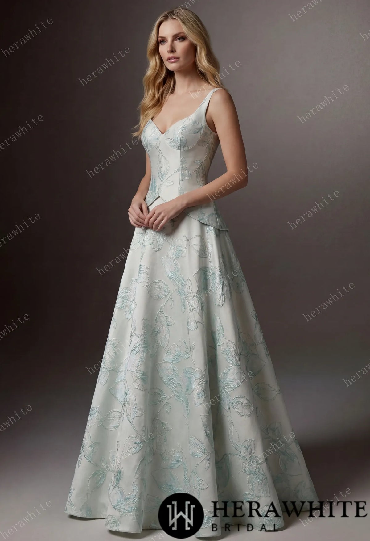 Mint Floral Jacquard A-Line Wedding Gown With V-Neckline & Peplum Waist Detail HW3743