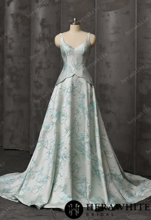 Mint Floral Jacquard A-Line Wedding Gown With V-Neckline & Peplum Waist Detail HW3743