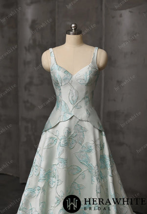 Mint Floral Jacquard A-Line Wedding Gown With V-Neckline & Peplum Waist Detail HW3743