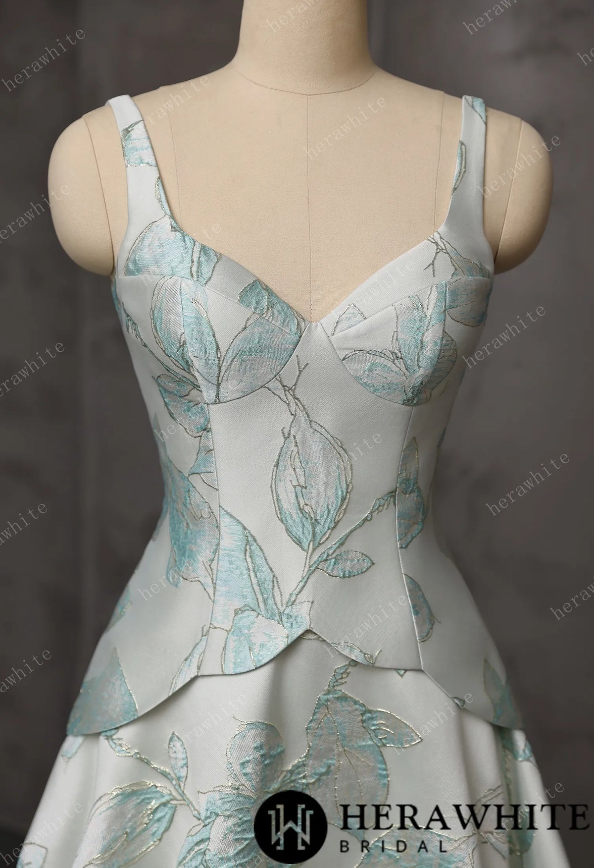 Mint Floral Jacquard A-Line Wedding Gown With V-Neckline & Peplum Waist Detail HW3743