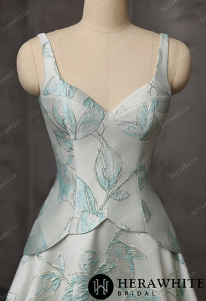 Mint Floral Jacquard A-Line Wedding Gown With V-Neckline & Peplum Waist Detail HW3743