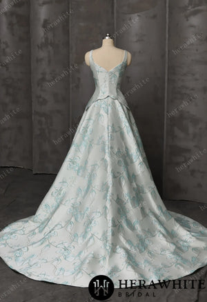 Mint Floral Jacquard A-Line Wedding Gown With V-Neckline & Peplum Waist Detail HW3743