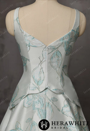 Mint Floral Jacquard A-Line Wedding Gown With V-Neckline & Peplum Waist Detail HW3743