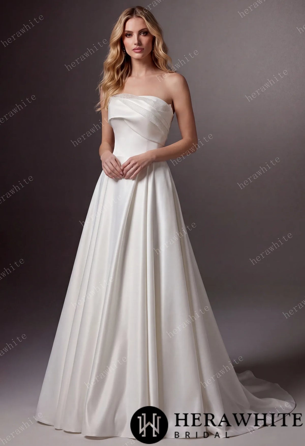 Strapless Draped Satin A-line Wedding Gown With Front Slit HW3744