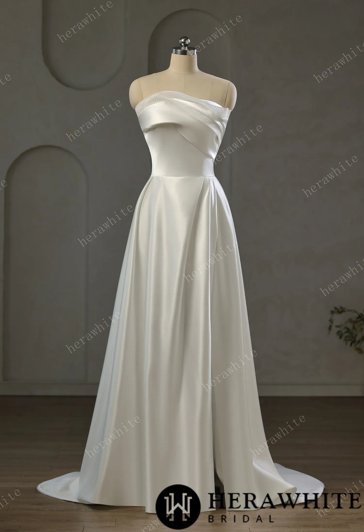 Strapless Draped Satin A-line Wedding Gown With Front Slit HW3744