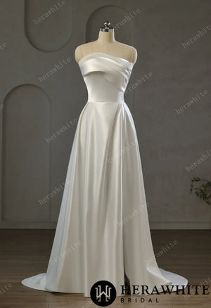 Strapless Draped Satin A-line Wedding Gown With Front Slit HW3744