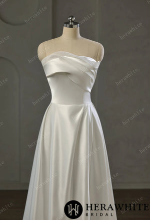 Strapless Draped Satin A-line Wedding Gown With Front Slit HW3744