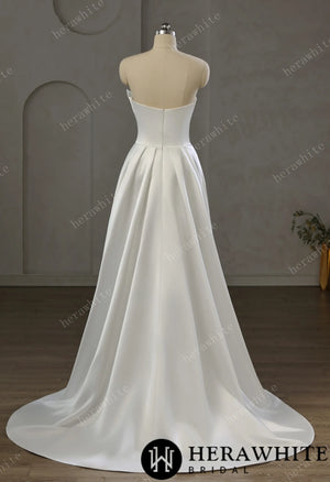 Strapless Draped Satin A-line Wedding Gown With Front Slit HW3744