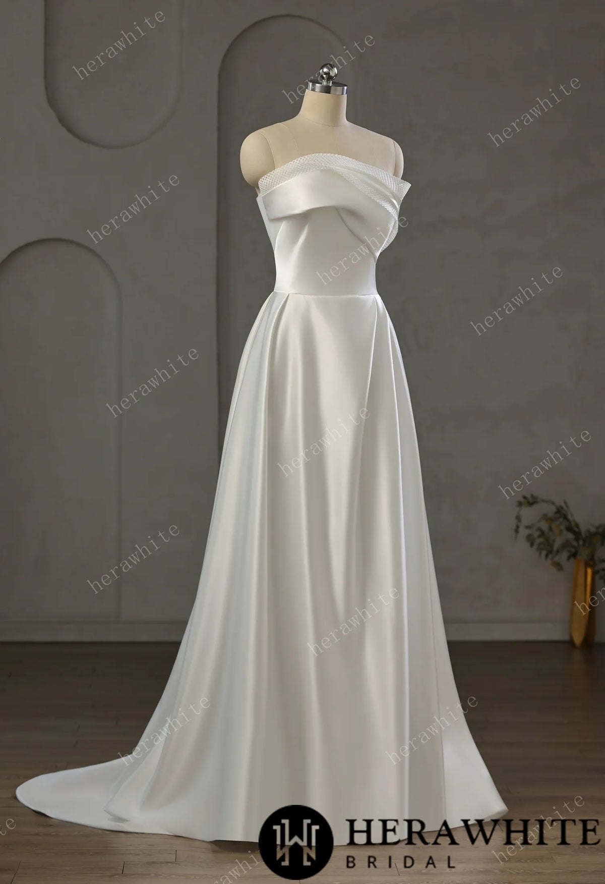 Strapless Draped Satin A-line Wedding Gown With Front Slit HW3744