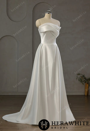 Strapless Draped Satin A-line Wedding Gown With Front Slit HW3744