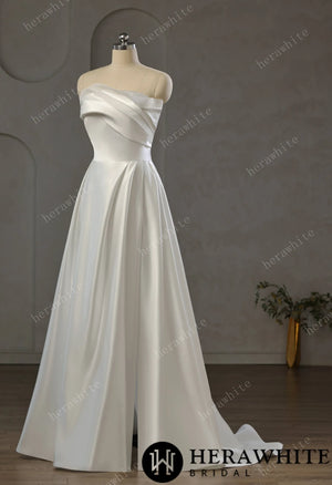 Strapless Draped Satin A-line Wedding Gown With Front Slit HW3744