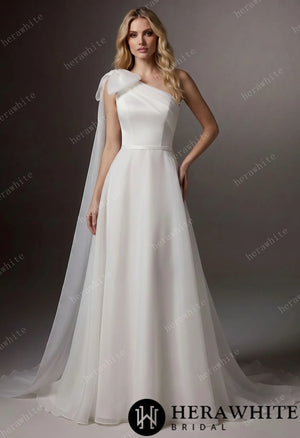 One-Shoulder Wrapped Satin Bodice Tulle A-line Wedding Gown With Shoulder Bow HW3745
