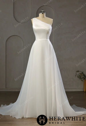 One-Shoulder Wrapped Satin Bodice Tulle A-line Wedding Gown With Shoulder Bow HW3745