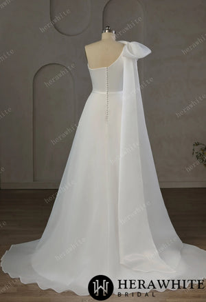 One-Shoulder Wrapped Satin Bodice Tulle A-line Wedding Gown With Shoulder Bow HW3745