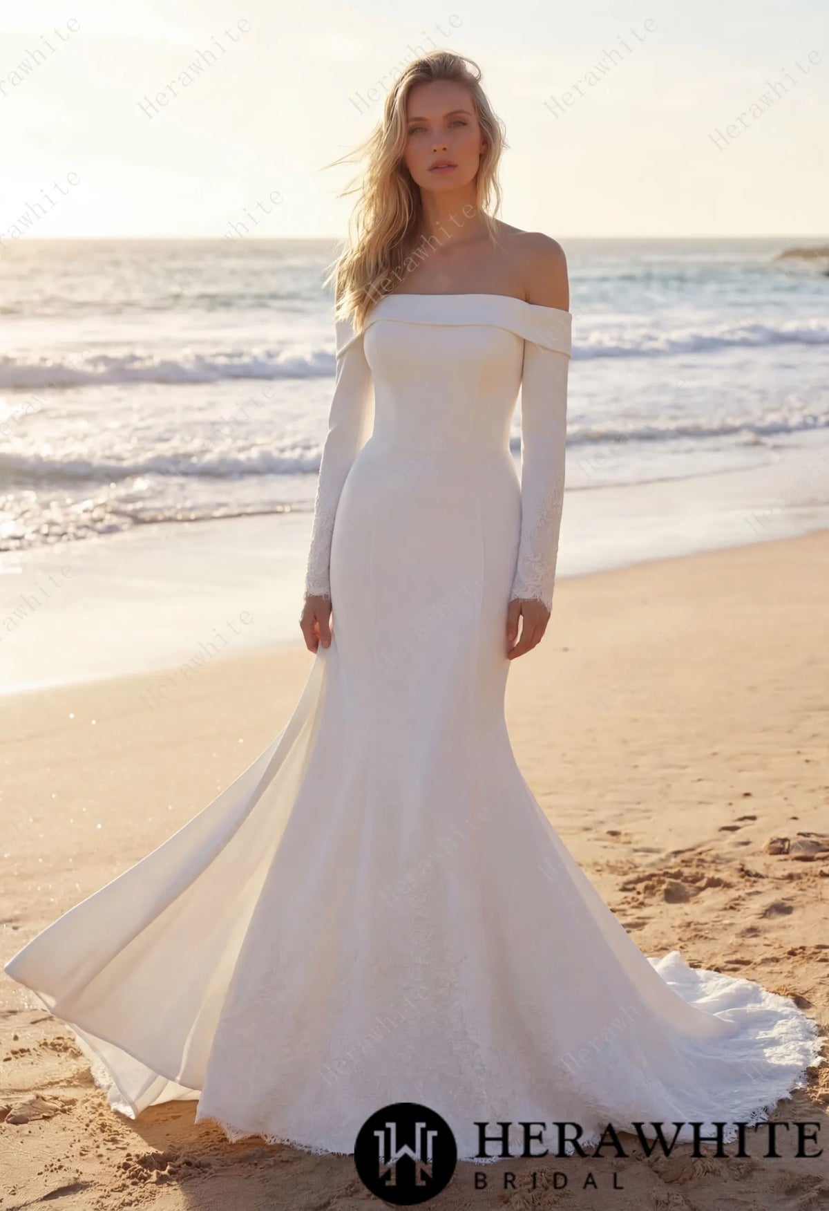 Elegant Off-Shoulder Mermaid Wedding Dress with Long Sleeves and Lace Train HW3746
