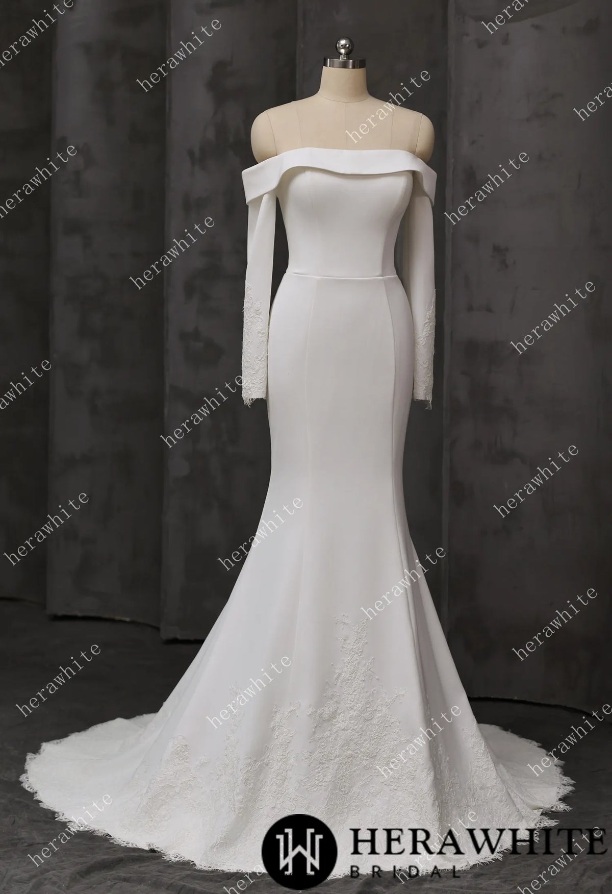 Elegant Off-Shoulder Mermaid Wedding Dress with Long Sleeves and Lace Train HW3746