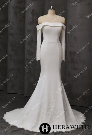Elegant Off-Shoulder Mermaid Wedding Dress with Long Sleeves and Lace Train HW3746