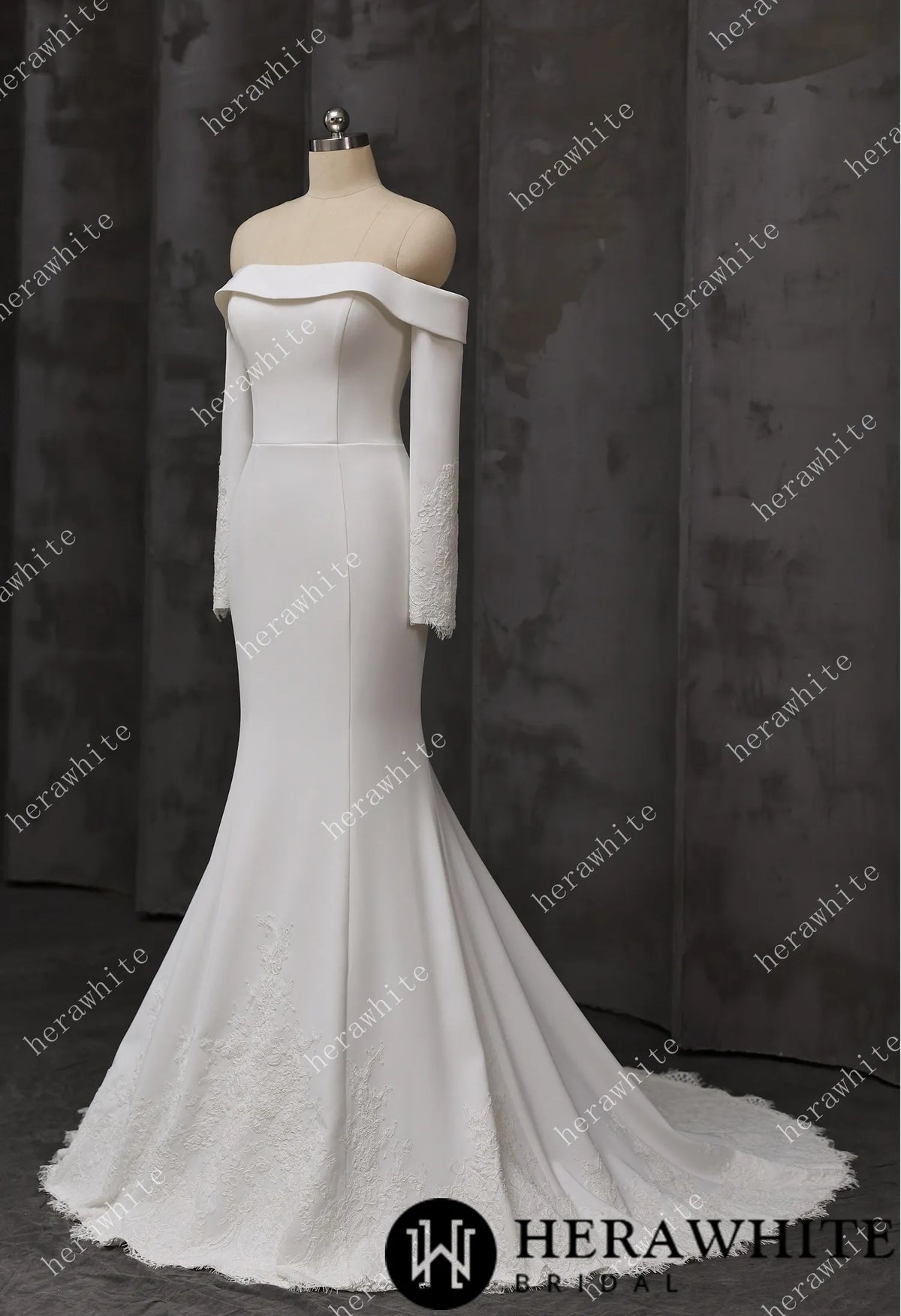 Elegant Off-Shoulder Mermaid Wedding Dress with Long Sleeves and Lace Train HW3746