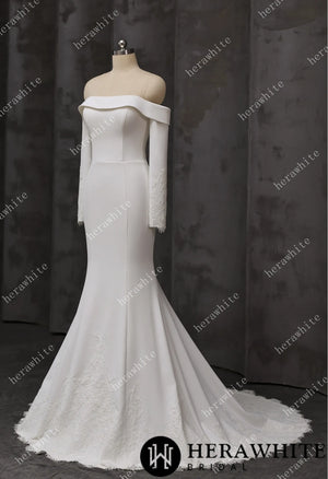 Elegant Off-Shoulder Mermaid Wedding Dress with Long Sleeves and Lace Train HW3746