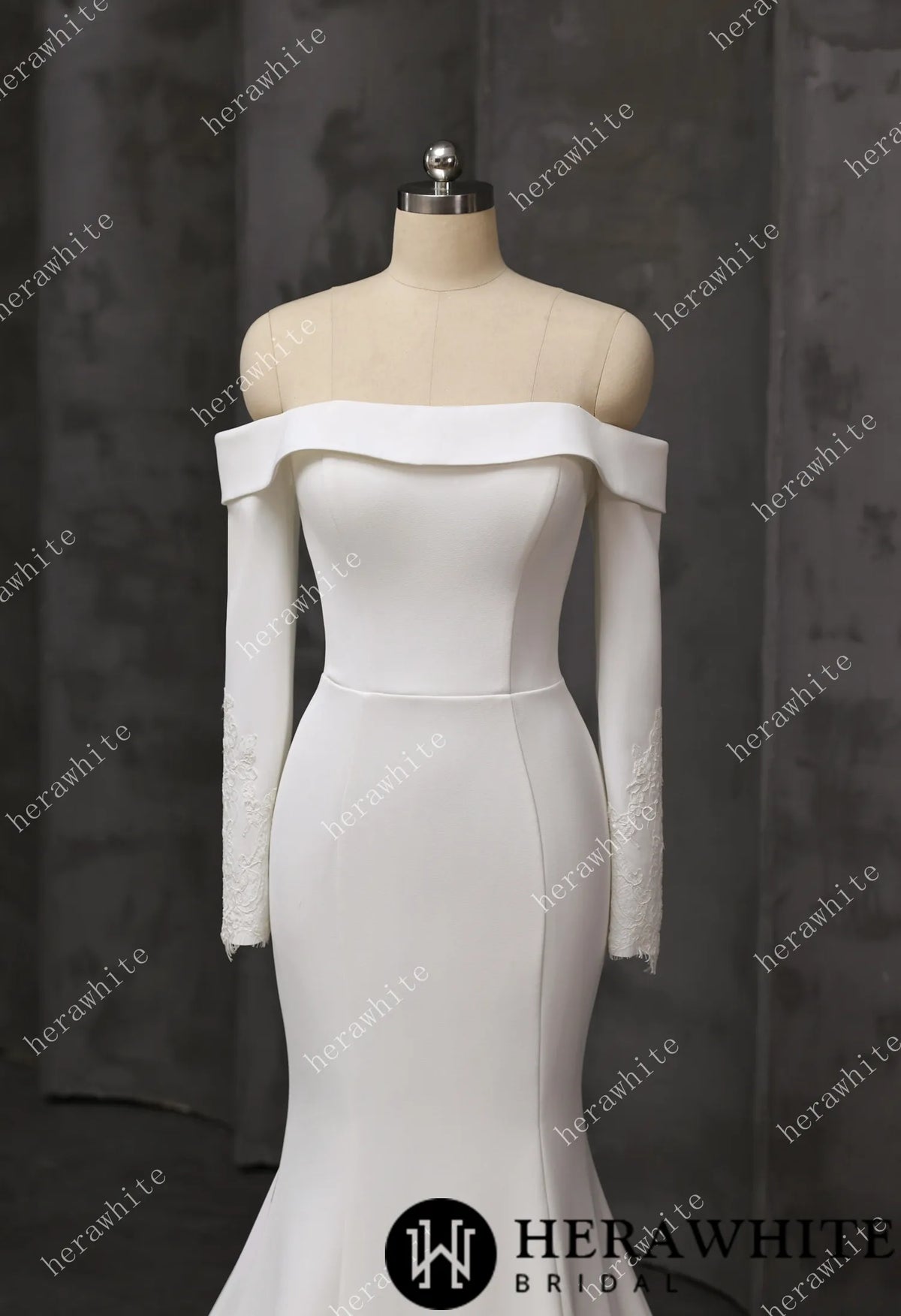 Elegant Off-Shoulder Mermaid Wedding Dress with Long Sleeves and Lace Train HW3746