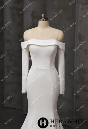 Elegant Off-Shoulder Mermaid Wedding Dress with Long Sleeves and Lace Train HW3746