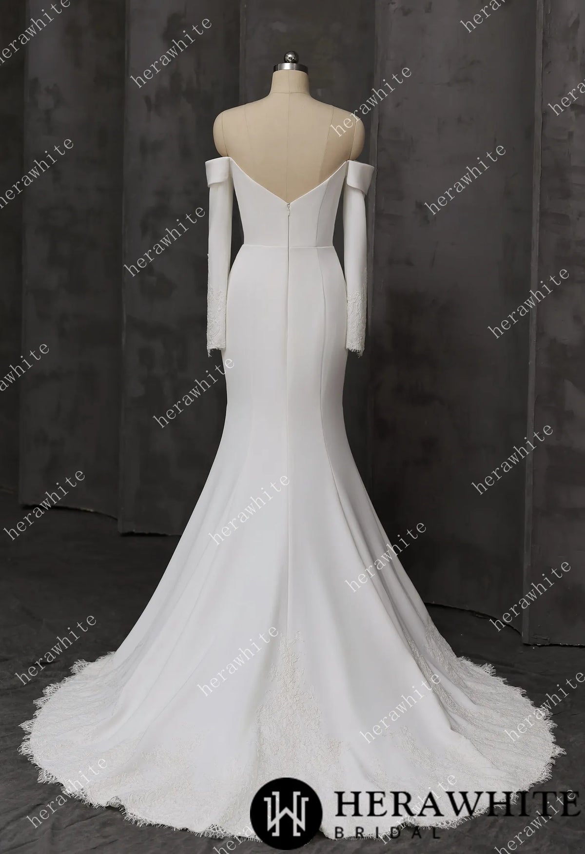 Elegant Off-Shoulder Mermaid Wedding Dress with Long Sleeves and Lace Train HW3746