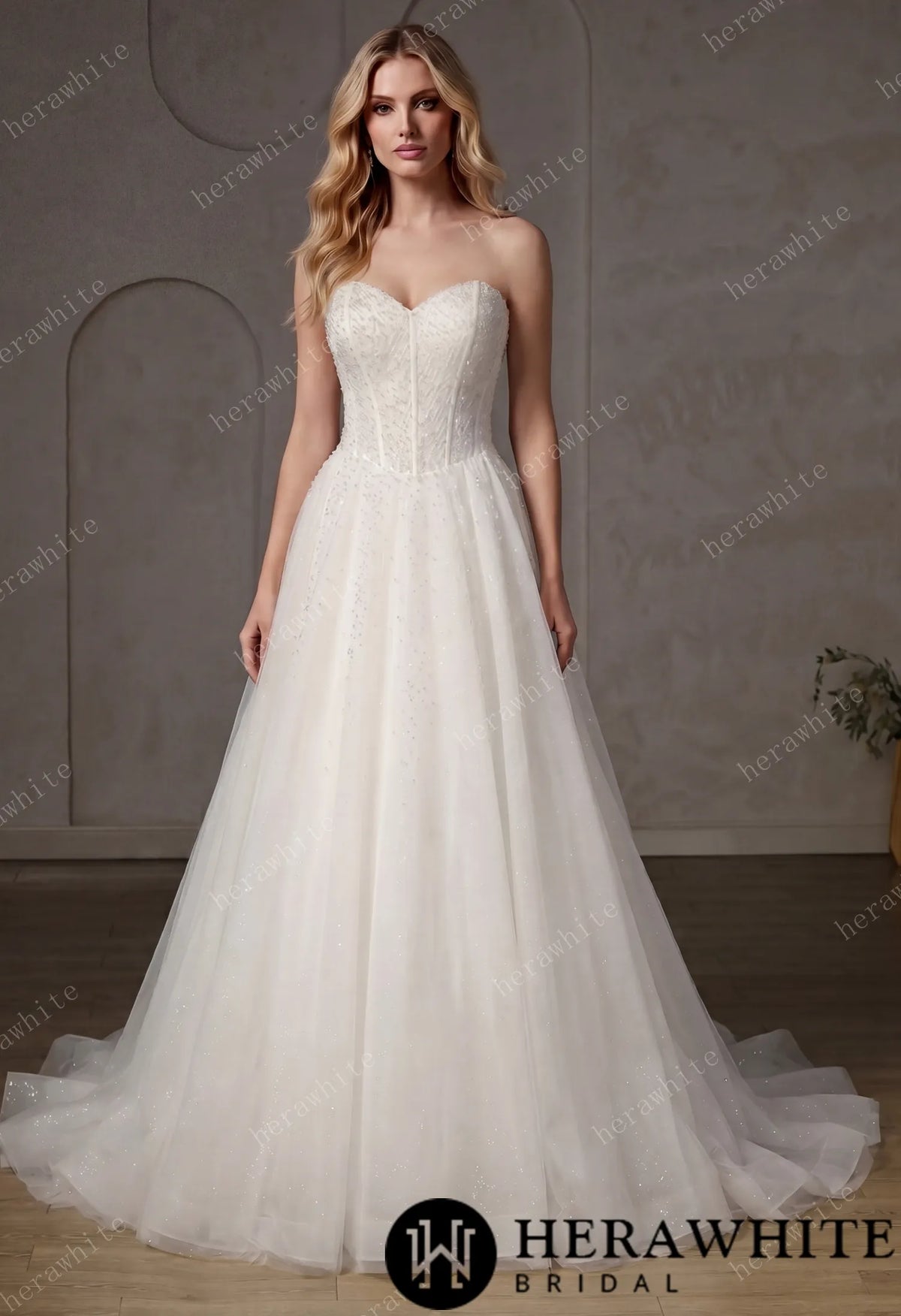 Pearl-Beaded Ball Gown With Sweetheart Neckline & Corset Lace-Up Back HW3747