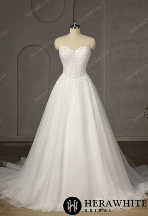 Pearl-Beaded Ball Gown With Sweetheart Neckline & Corset Lace-Up Back HW3747