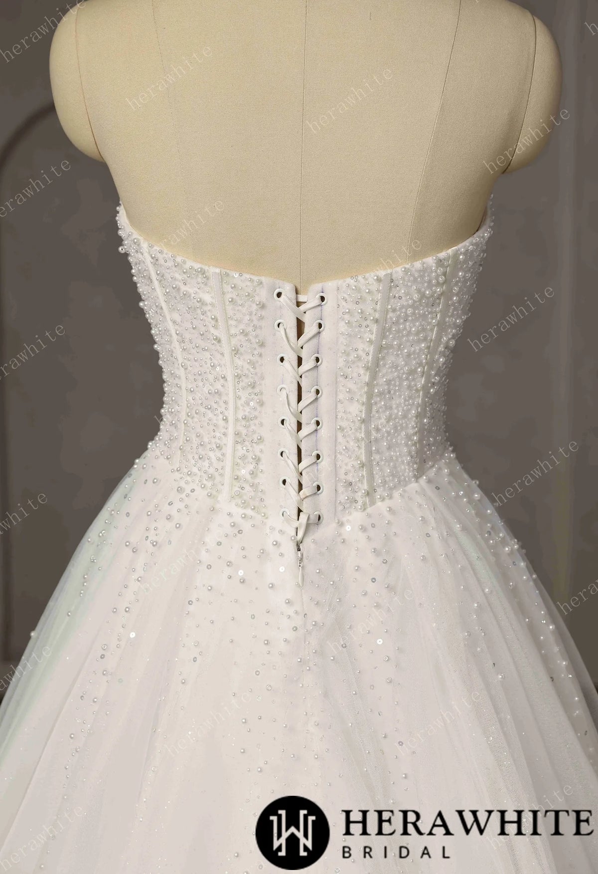 Pearl-Beaded Ball Gown With Sweetheart Neckline & Corset Lace-Up Back HW3747