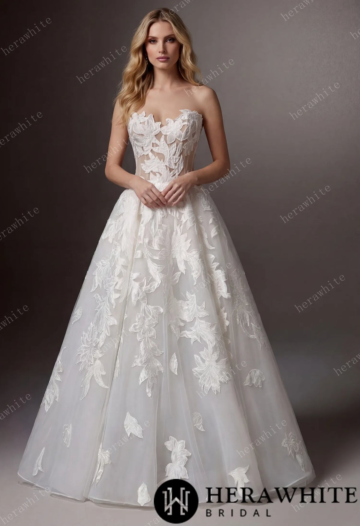 Floral Ball Gown With Illusion Sweetheart Bodice & Sculptural Flower Skirt HW3748