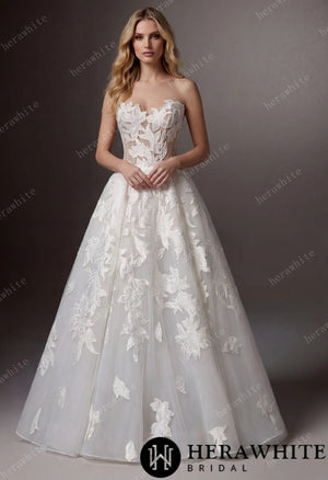 Floral Ball Gown With Illusion Sweetheart Bodice & Sculptural Flower Skirt HW3748
