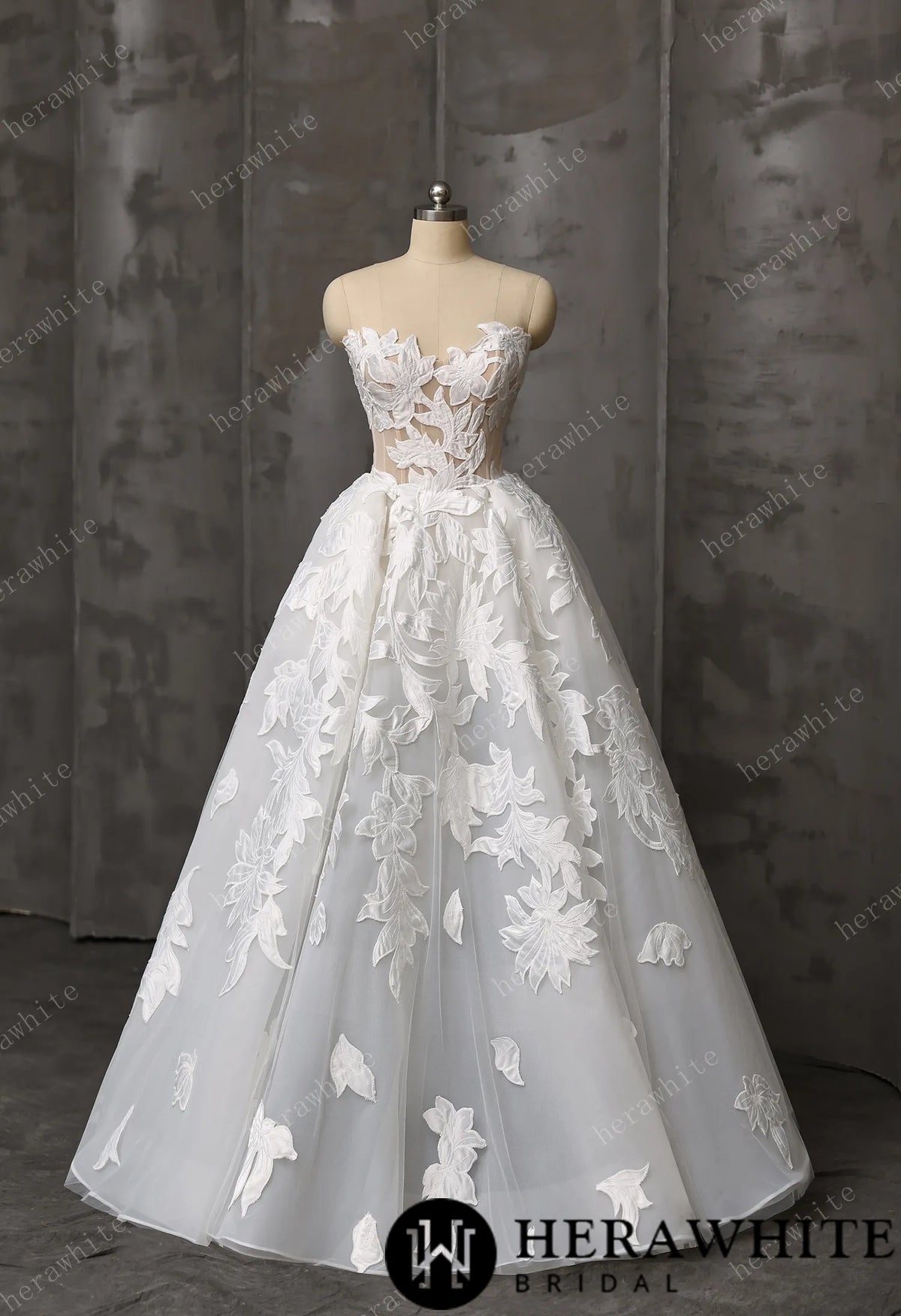 Floral Ball Gown With Illusion Sweetheart Bodice & Sculptural Flower Skirt HW3748