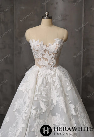 Floral Ball Gown With Illusion Sweetheart Bodice & Sculptural Flower Skirt HW3748
