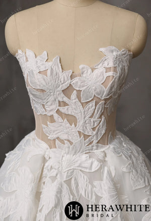 Floral Ball Gown With Illusion Sweetheart Bodice & Sculptural Flower Skirt HW3748