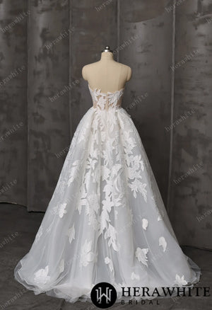 Floral Ball Gown With Illusion Sweetheart Bodice & Sculptural Flower Skirt HW3748