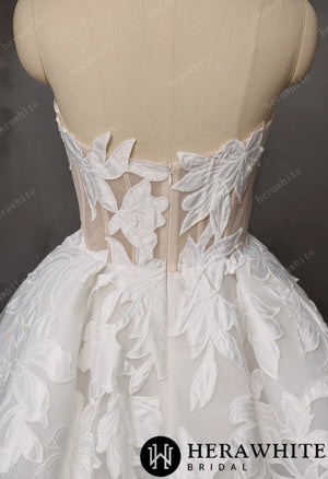 Floral Ball Gown With Illusion Sweetheart Bodice & Sculptural Flower Skirt HW3748