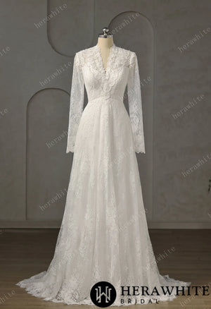 Vintage Boho Lace Sheath Wedding Gown With Illusion Long Bell Sleeves HW3751