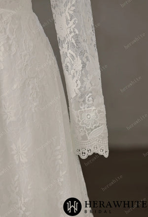 Vintage Boho Lace Sheath Wedding Gown With Illusion Long Bell Sleeves HW3751
