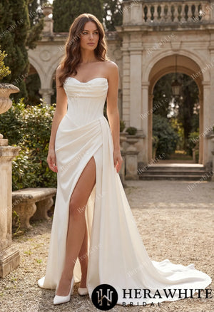 Strapless Cowl Neck Corset Satin Wedding Dress with High Slit & Sweep Train HW3752