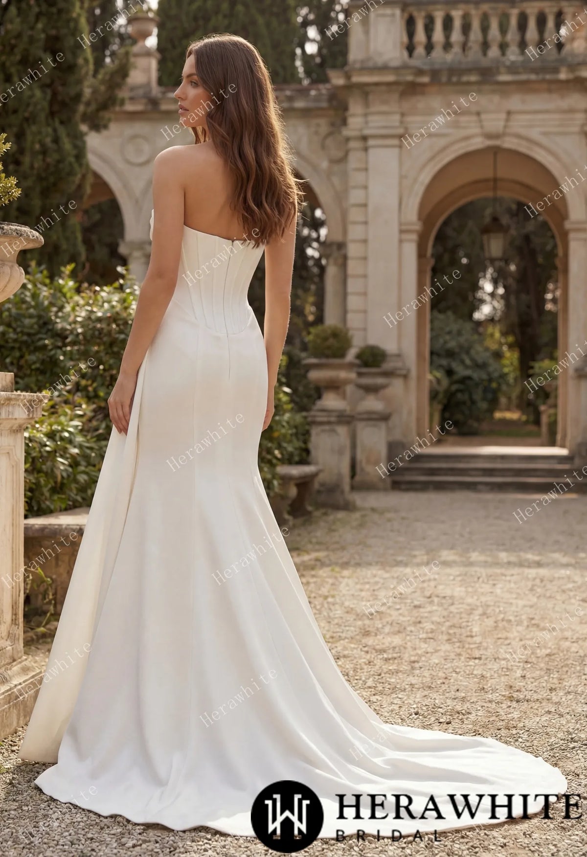 Strapless Cowl Neck Corset Satin Wedding Dress with High Slit & Sweep Train HW3752