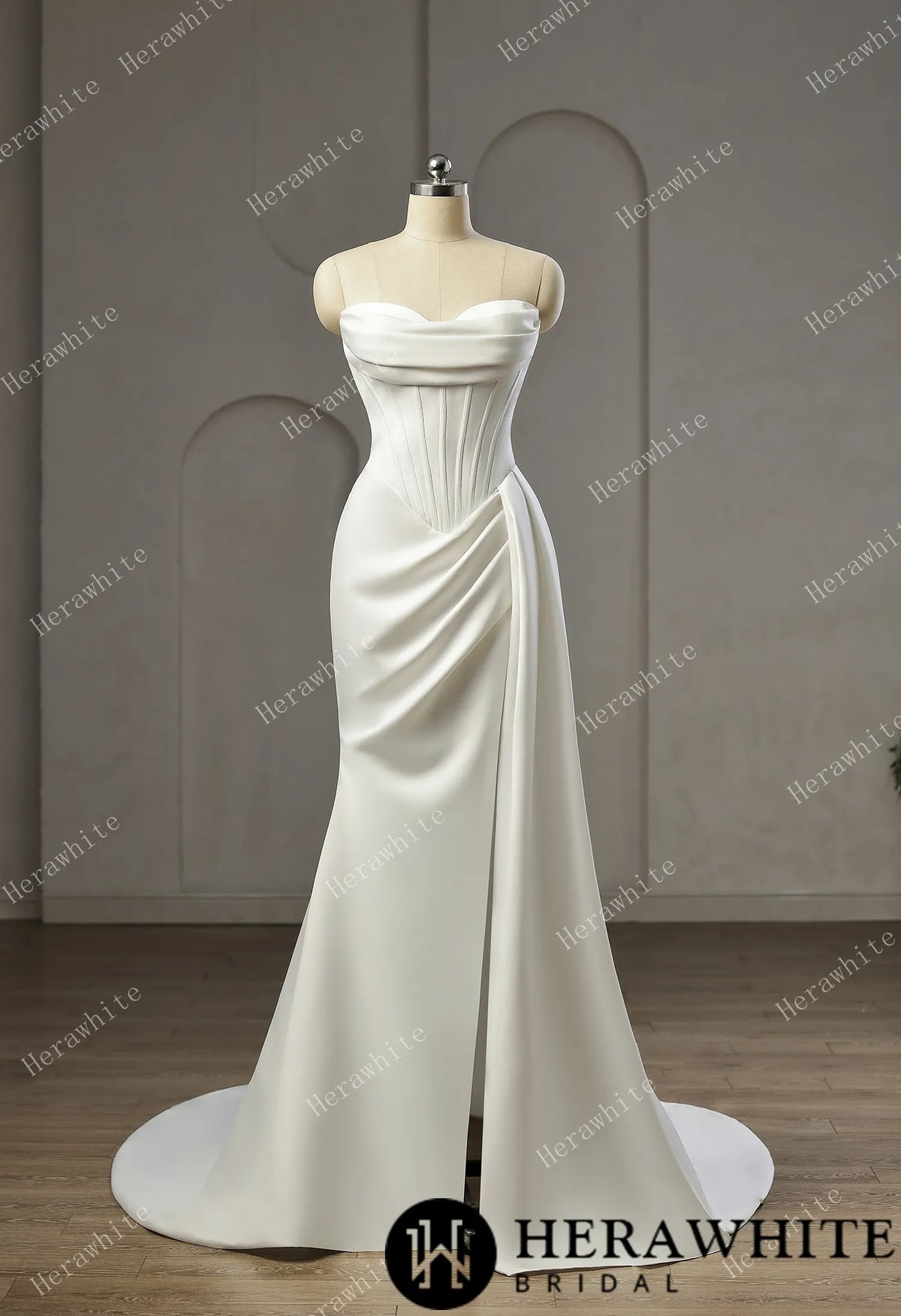 Strapless Cowl Neck Corset Satin Wedding Dress with High Slit & Sweep Train HW3752