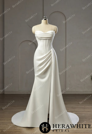 Strapless Cowl Neck Corset Satin Wedding Dress with High Slit & Sweep Train HW3752