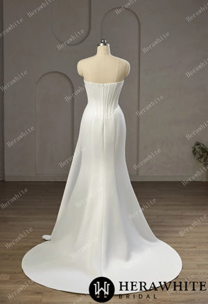Strapless Cowl Neck Corset Satin Wedding Dress with High Slit & Sweep Train HW3752