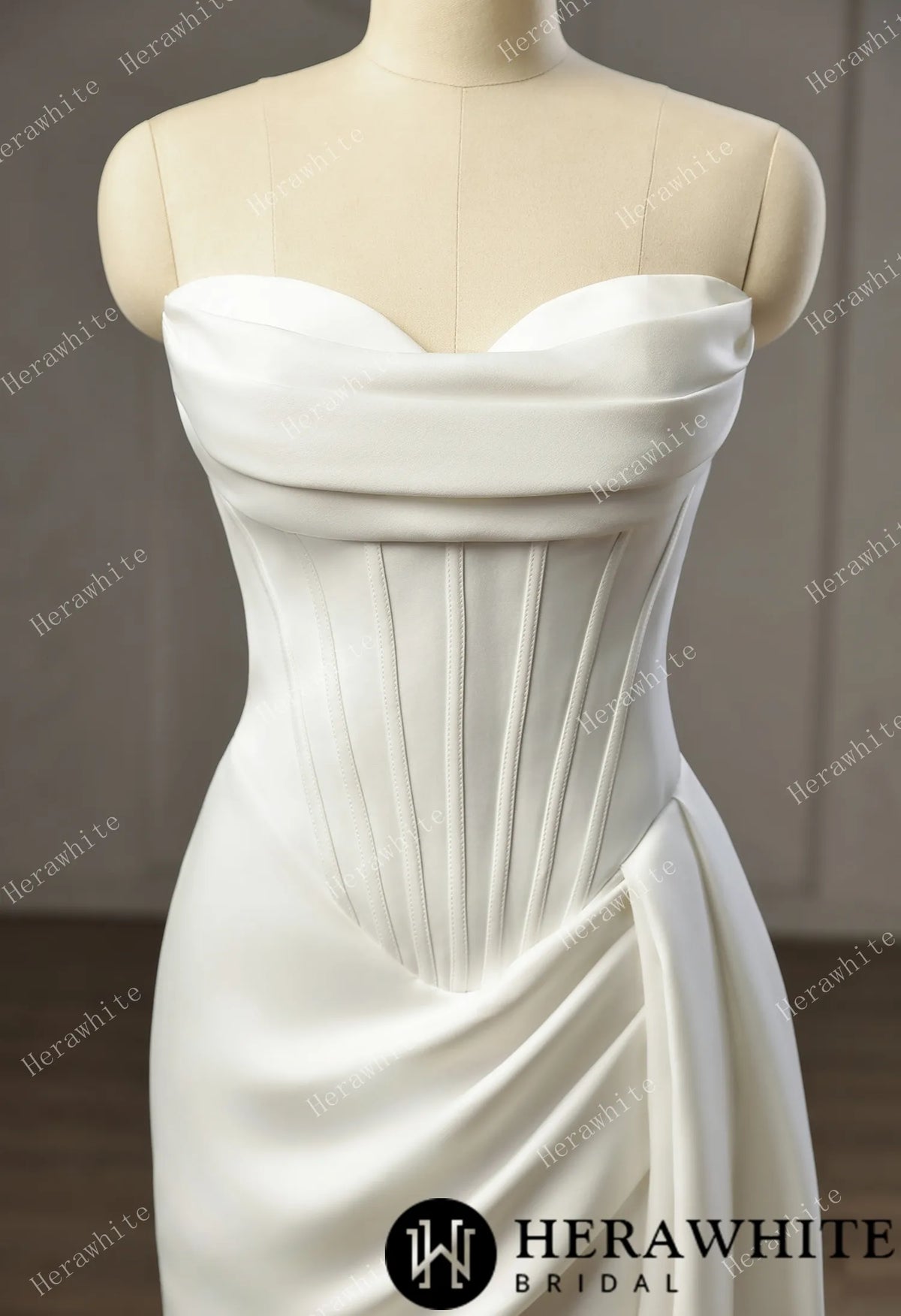 Strapless Cowl Neck Corset Satin Wedding Dress with High Slit & Sweep Train HW3752