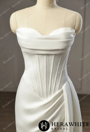 Strapless Cowl Neck Corset Satin Wedding Dress with High Slit & Sweep Train HW3752