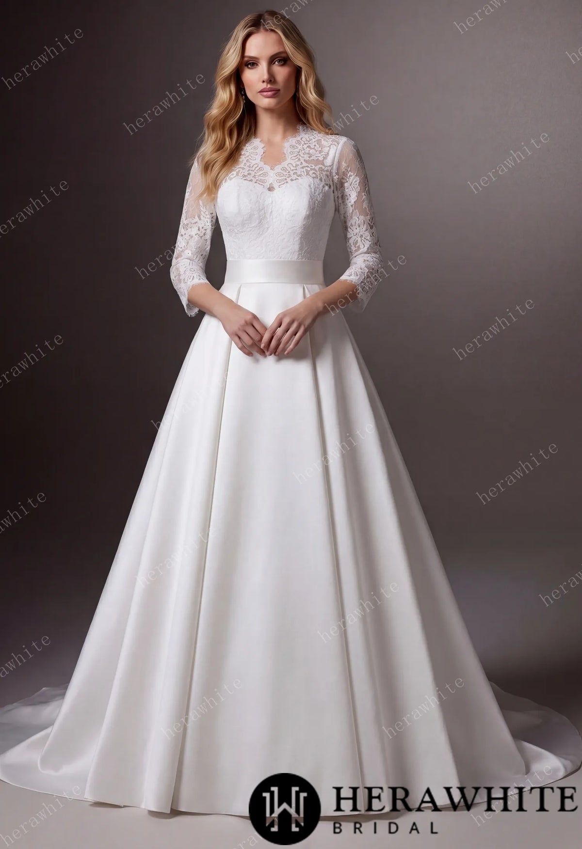Lace & Satin Ball Gown With Illusion ¾-Length Sleeves HW3754