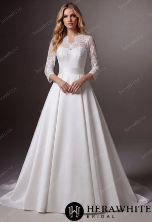 Lace & Satin Ball Gown With Illusion ¾-Length Sleeves HW3754