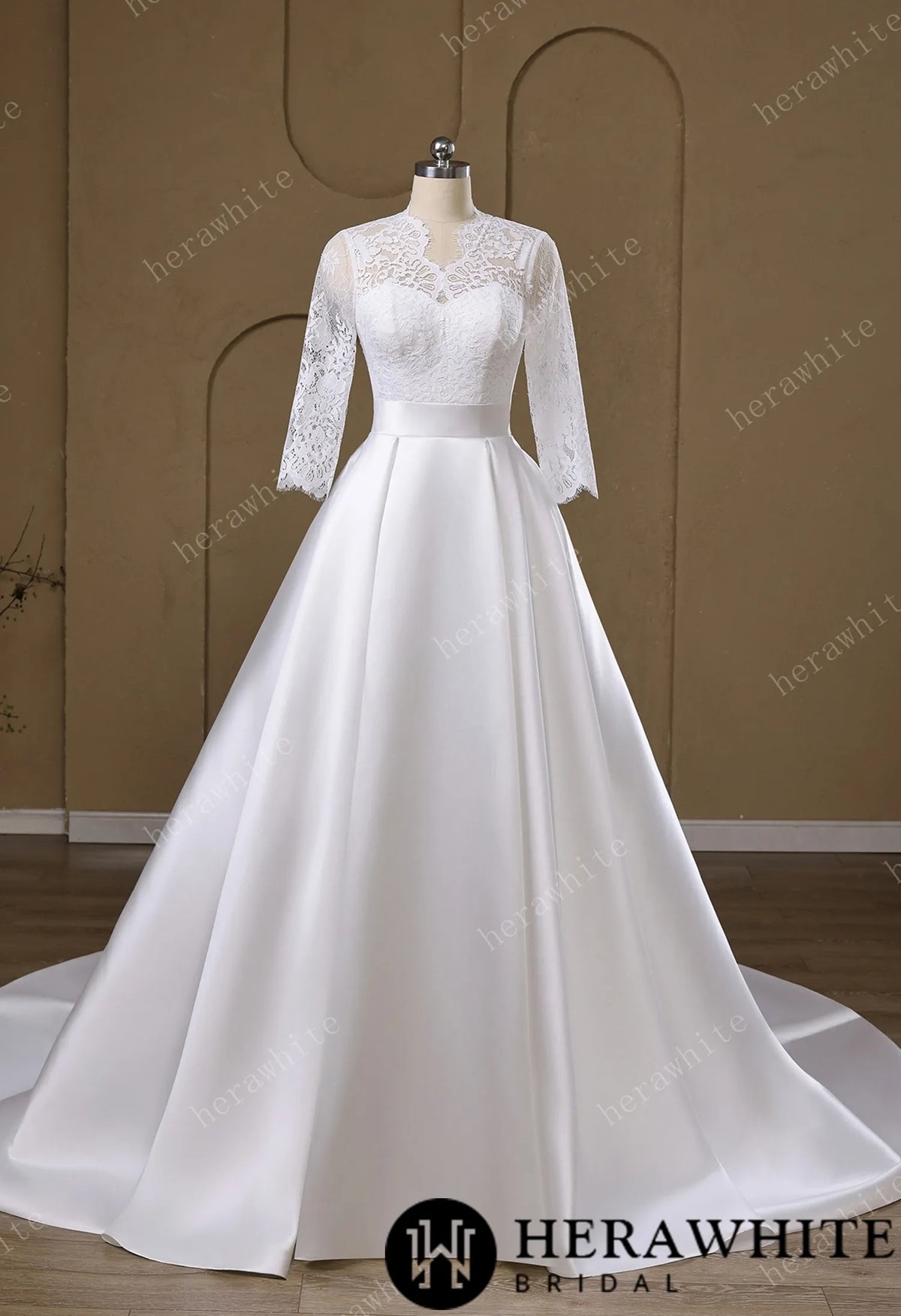 Lace & Satin Ball Gown With Illusion ¾-Length Sleeves HW3754