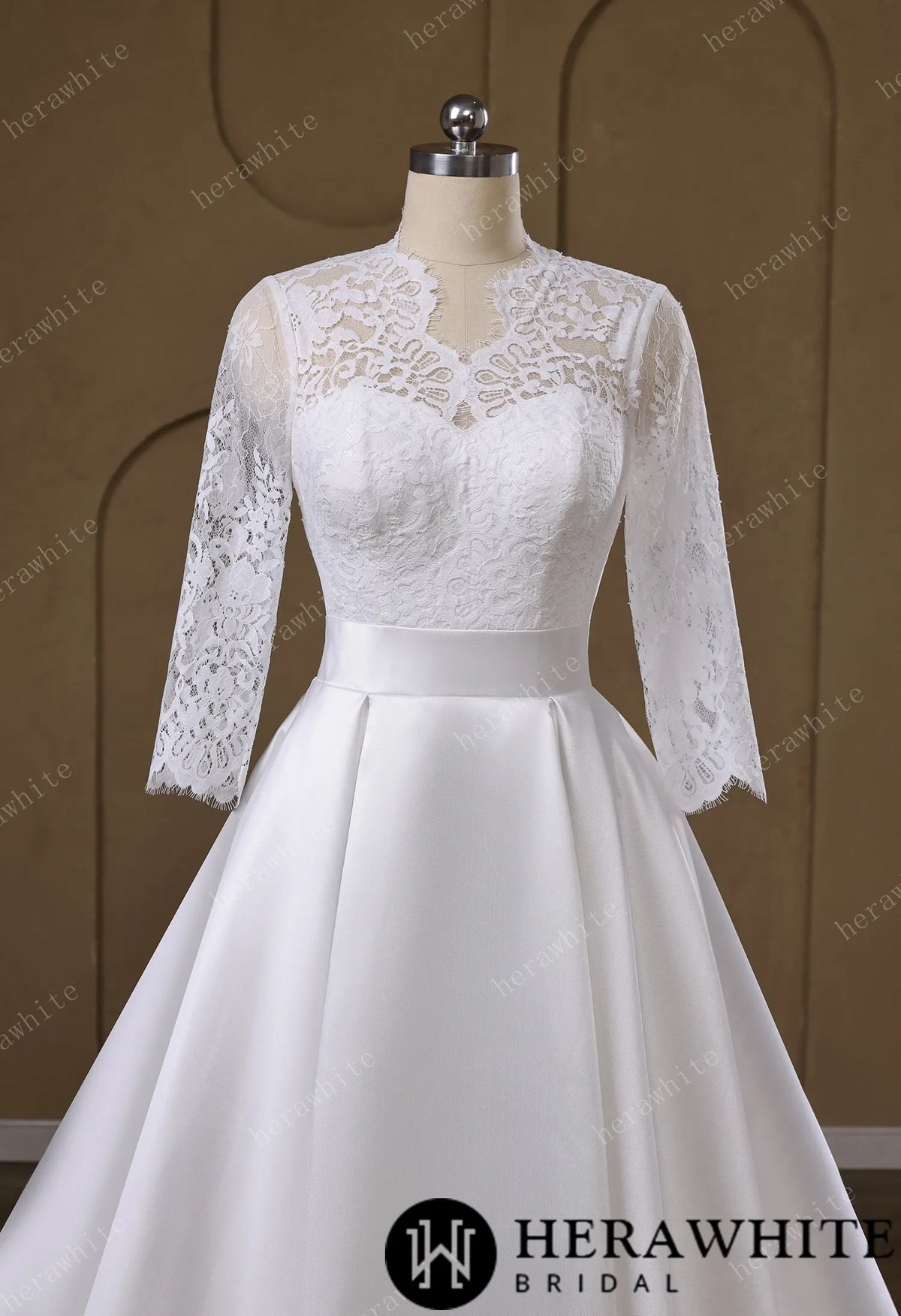 Lace & Satin Ball Gown With Illusion ¾-Length Sleeves HW3754